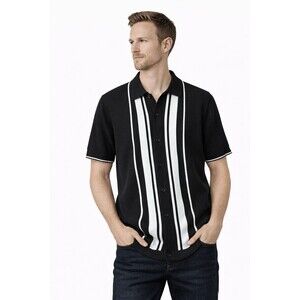 Marc Asher Men’s Knit Button Up Shirt L Black White Striped Retro Bowling Polo